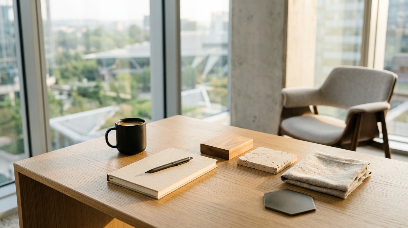 Executive desk and natural material discussion space at Modern Overseas